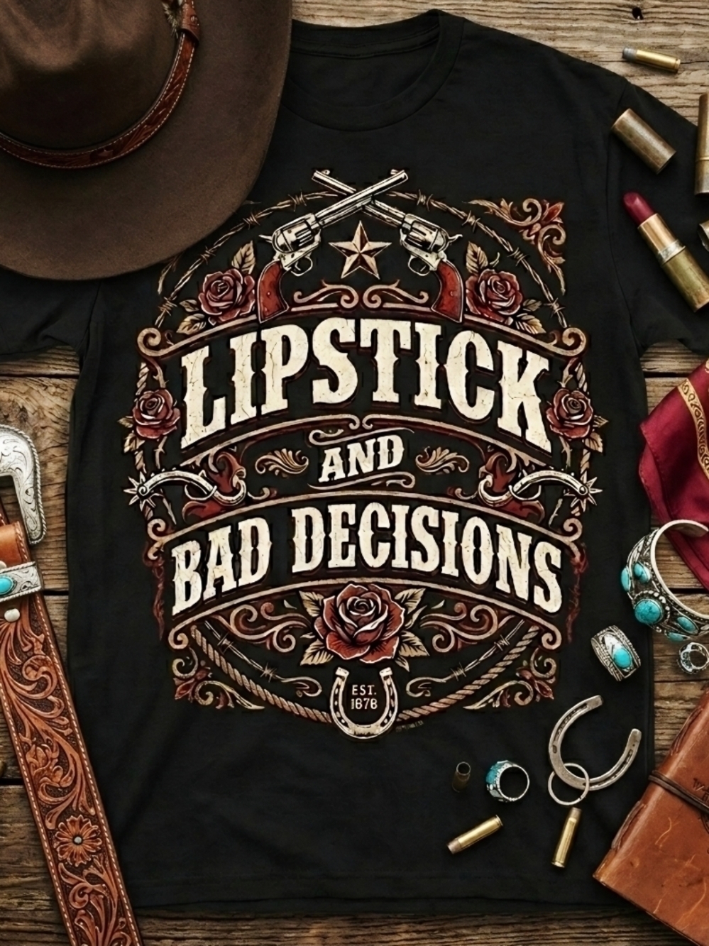 Lipstick and Bad Decisions Western Graphic Tee • Guns & Roses Cowgirl Shirt •